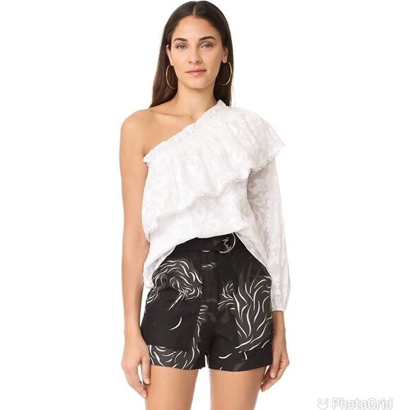 PARKER White One Shoulder Top Blouse Cotton Long Sleeve Ruffle Tassel XS New - Picture 16 of 16